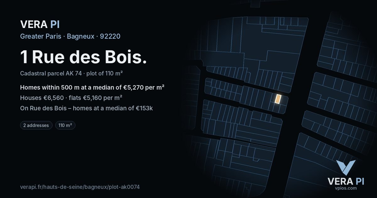 1 Rue des Bois, Bagneux at night – the plot lit, the parcels around coloured by the prices near them