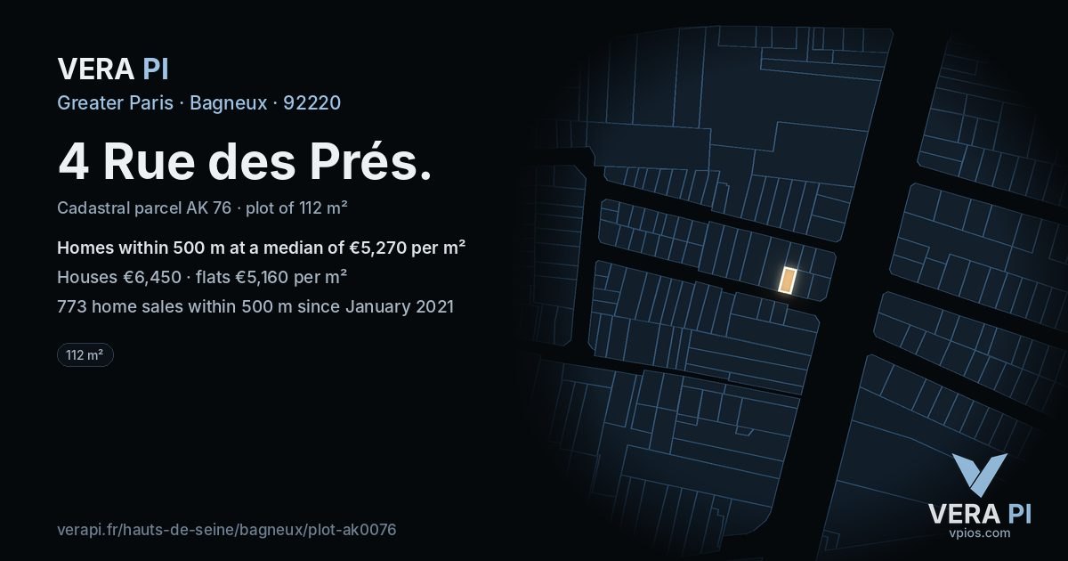 4 Rue des Prés, Bagneux at night – the plot lit, the parcels around coloured by the prices near them