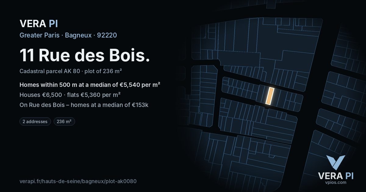 11 Rue des Bois, Bagneux at night – the plot lit, the parcels around coloured by the prices near them