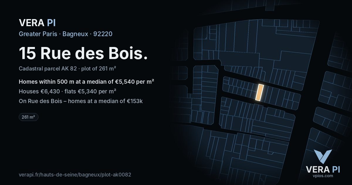 15 Rue des Bois, Bagneux at night – the plot lit, the parcels around coloured by the prices near them