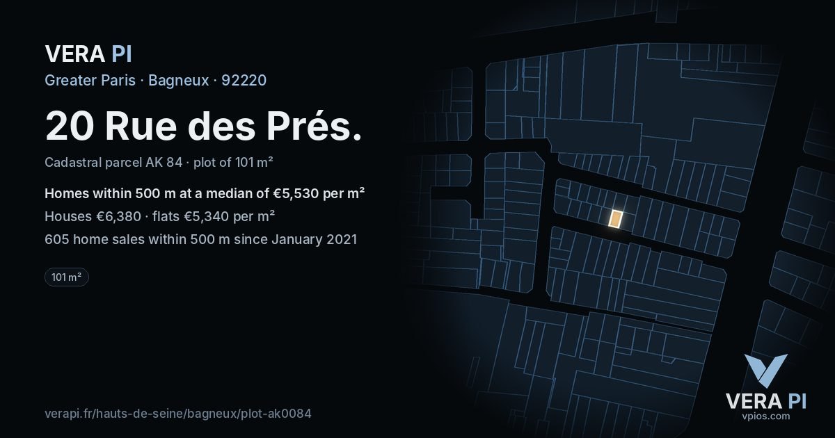20 Rue des Prés, Bagneux at night – the plot lit, the parcels around coloured by the prices near them