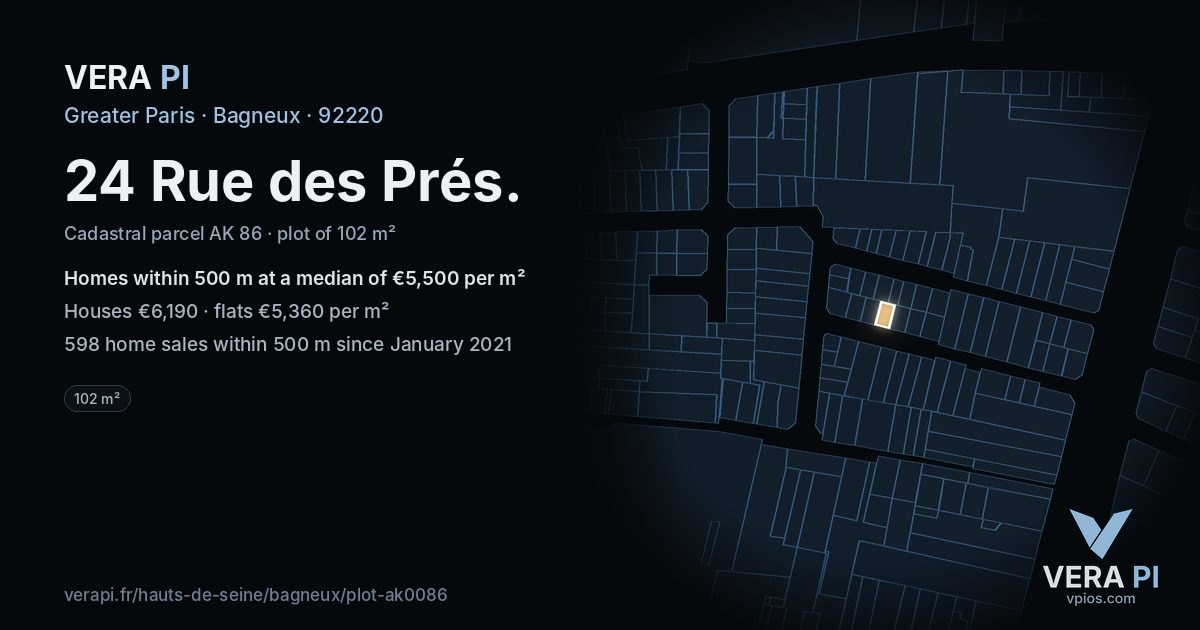 24 Rue des Prés, Bagneux at night – the plot lit, the parcels around coloured by the prices near them
