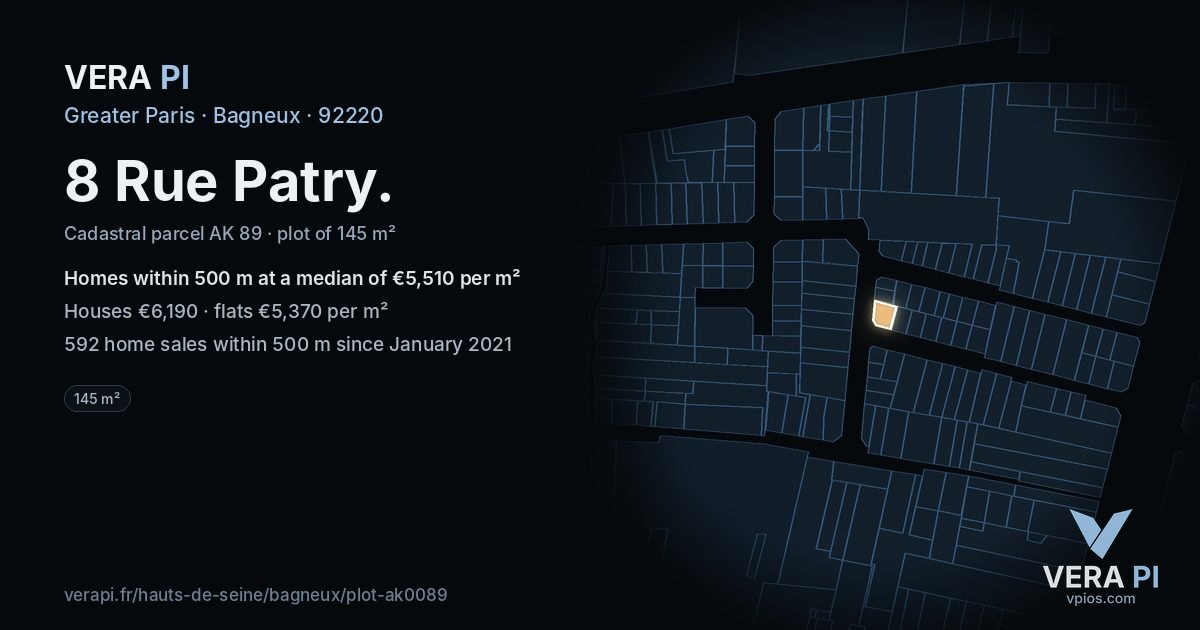 8 Rue Patry, Bagneux at night – the plot lit, the parcels around coloured by the prices near them