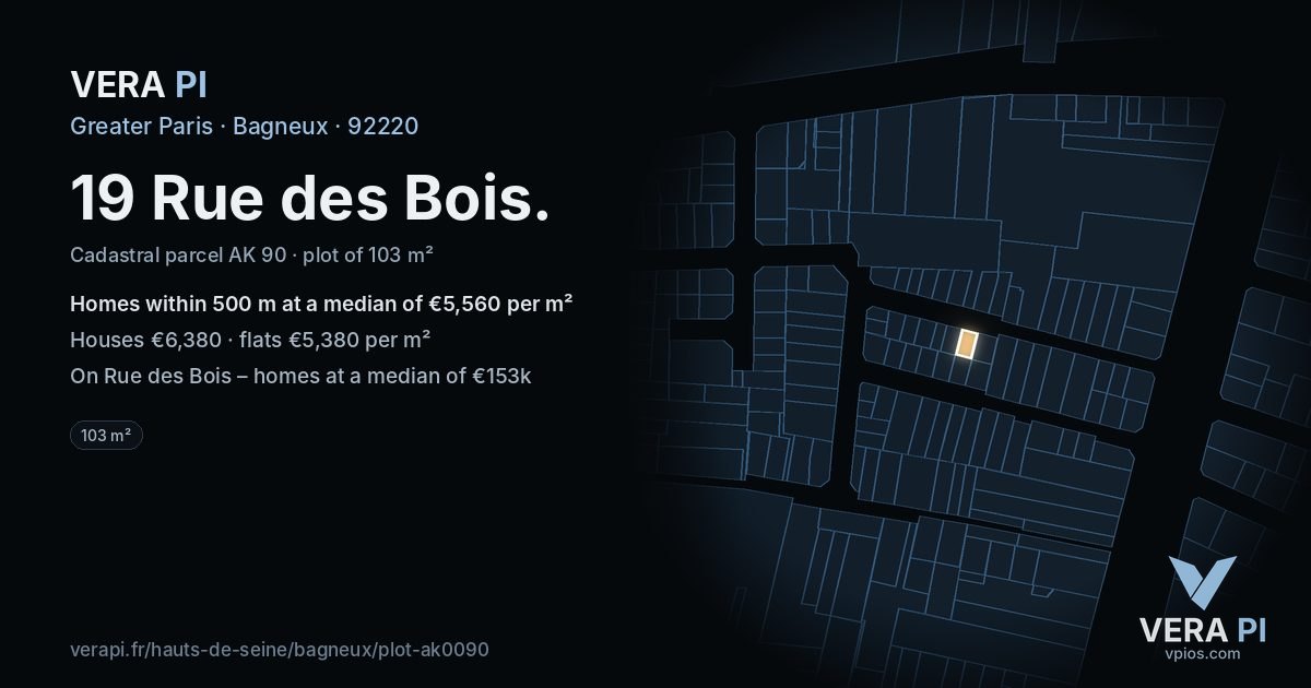 19 Rue des Bois, Bagneux at night – the plot lit, the parcels around coloured by the prices near them