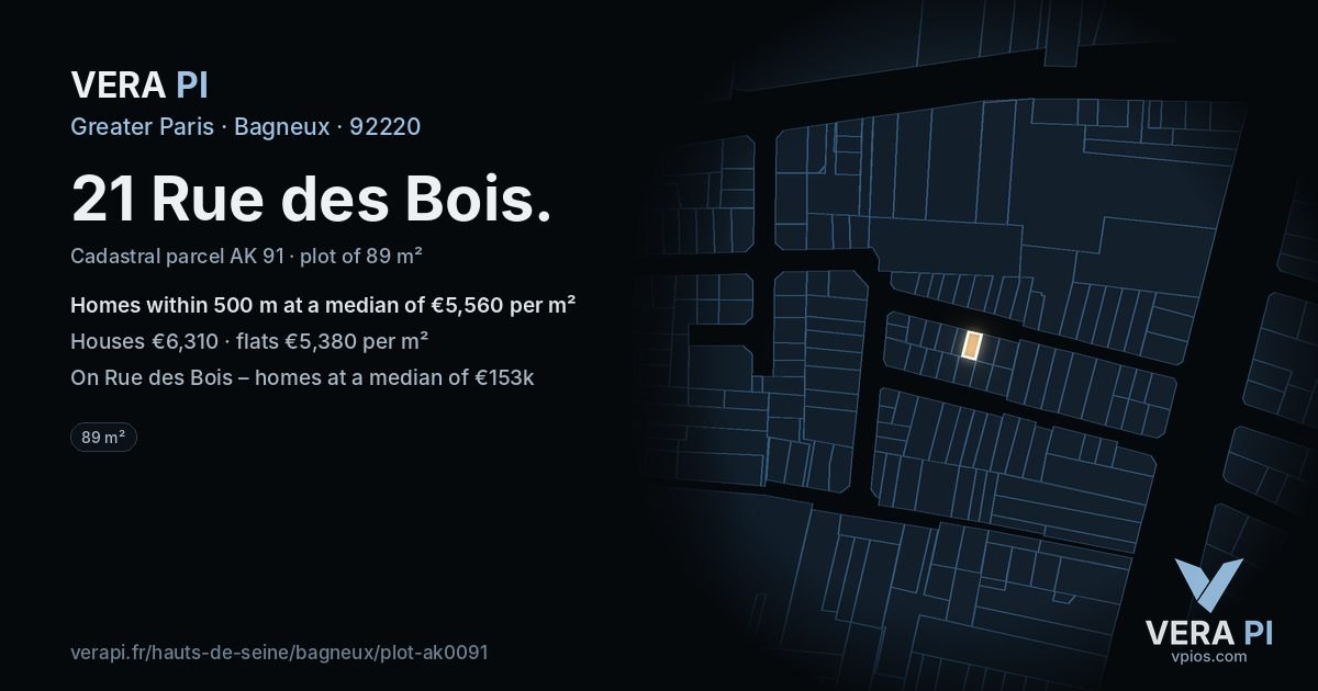 21 Rue des Bois, Bagneux at night – the plot lit, the parcels around coloured by the prices near them