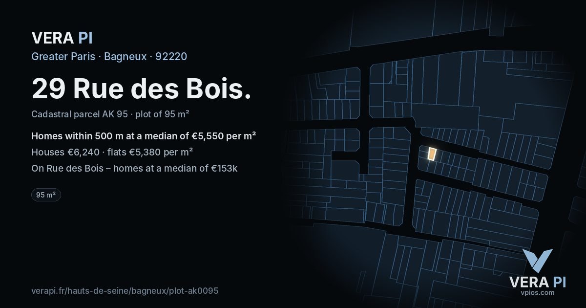 29 Rue des Bois, Bagneux at night – the plot lit, the parcels around coloured by the prices near them