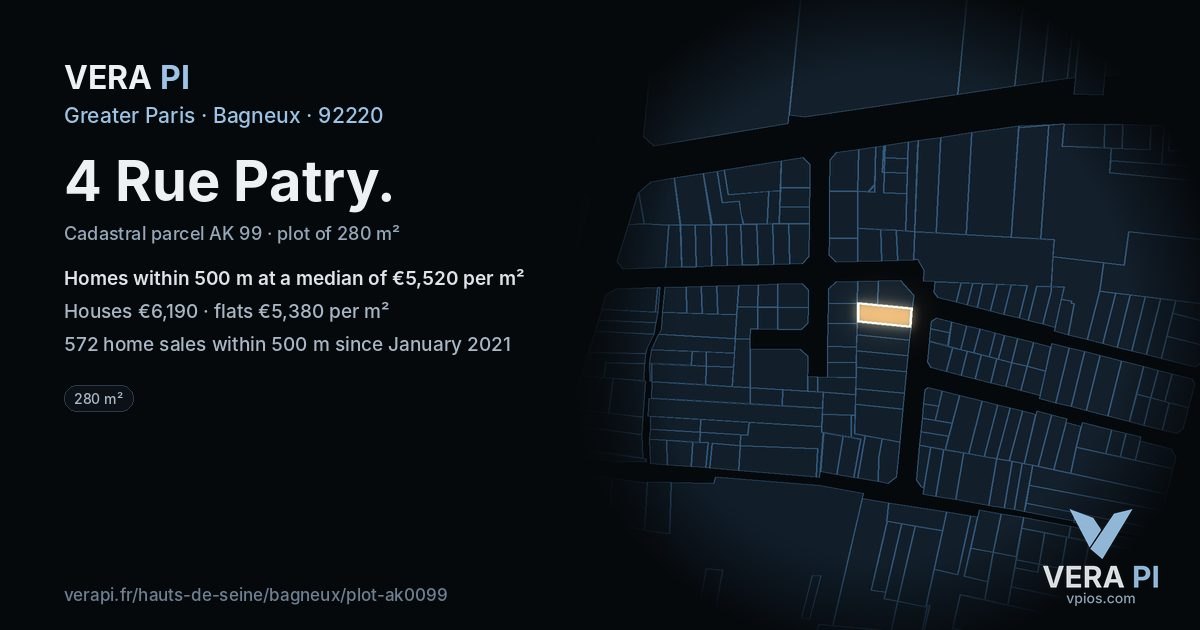 4 Rue Patry, Bagneux at night – the plot lit, the parcels around coloured by the prices near them