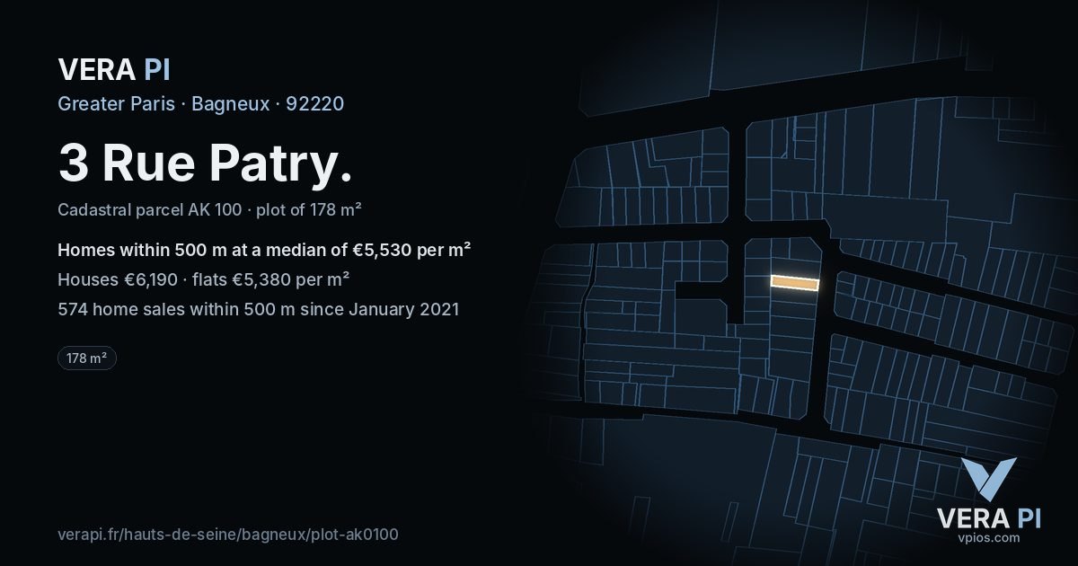 3 Rue Patry, Bagneux at night – the plot lit, the parcels around coloured by the prices near them