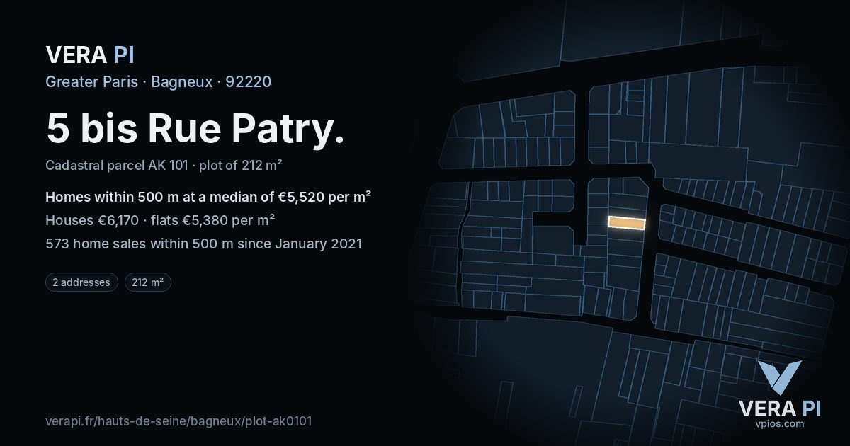5 bis Rue Patry, Bagneux at night – the plot lit, the parcels around coloured by the prices near them