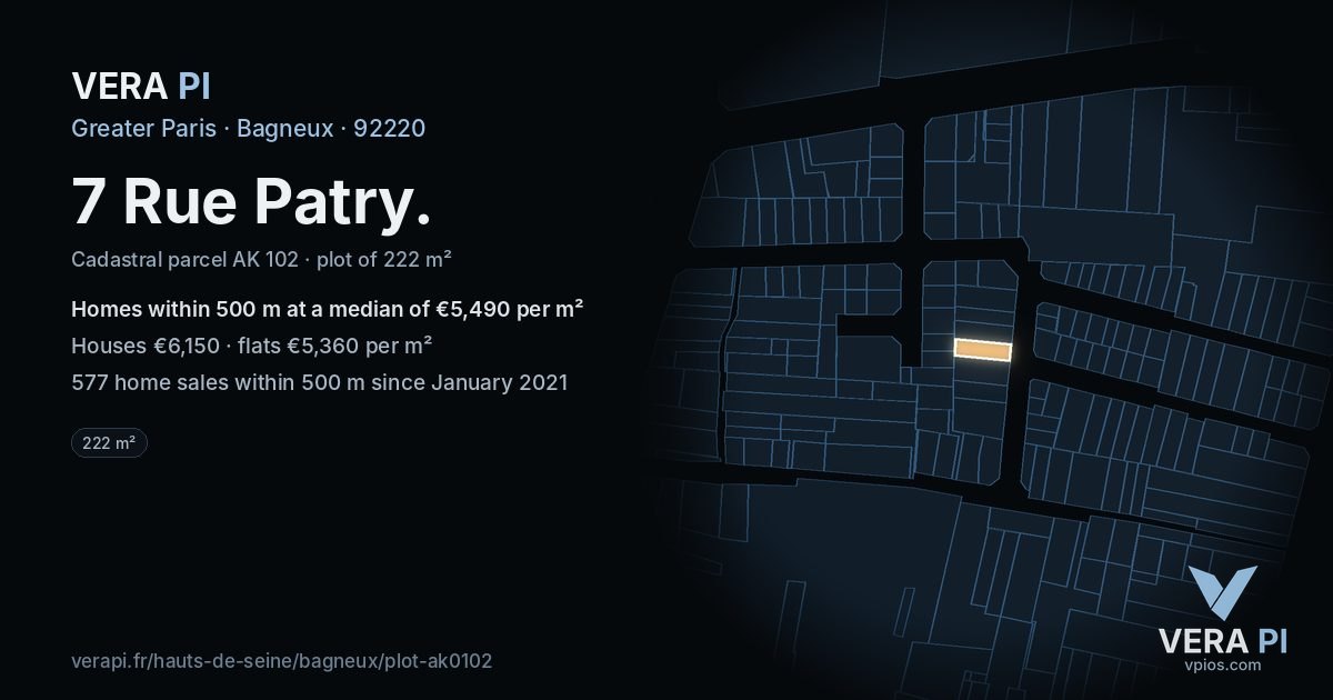 7 Rue Patry, Bagneux at night – the plot lit, the parcels around coloured by the prices near them