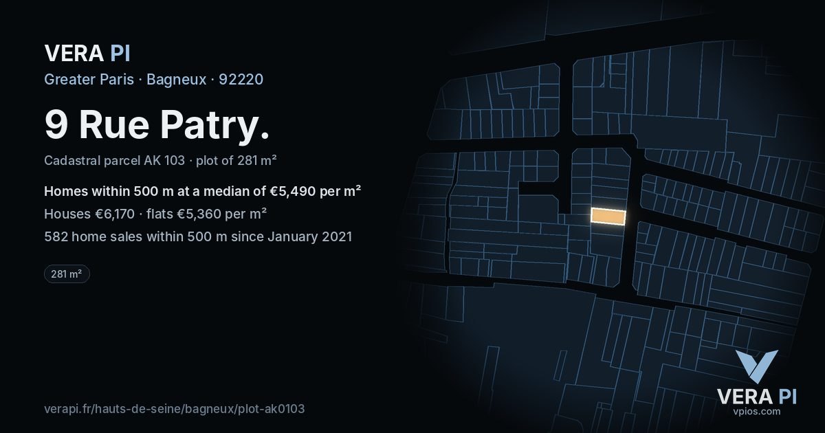 9 Rue Patry, Bagneux at night – the plot lit, the parcels around coloured by the prices near them