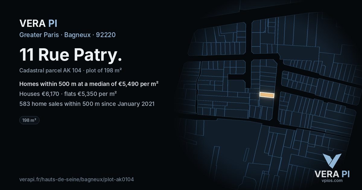 11 Rue Patry, Bagneux at night – the plot lit, the parcels around coloured by the prices near them