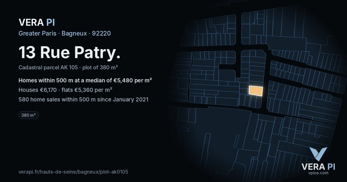 13 Rue Patry, Bagneux at night – the plot lit, the parcels around coloured by the prices near them