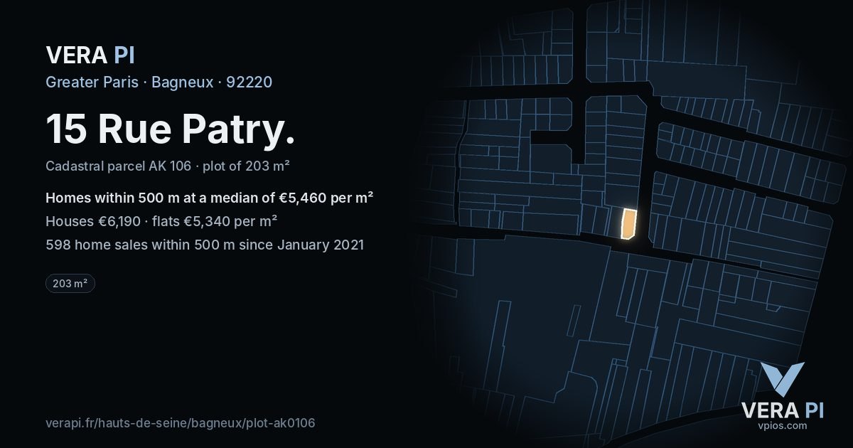 15 Rue Patry, Bagneux at night – the plot lit, the parcels around coloured by the prices near them