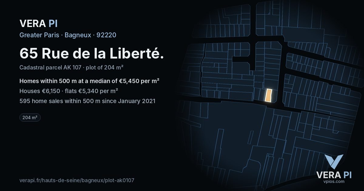 65 Rue de la Liberté, Bagneux at night – the plot lit, the parcels around coloured by the prices near them