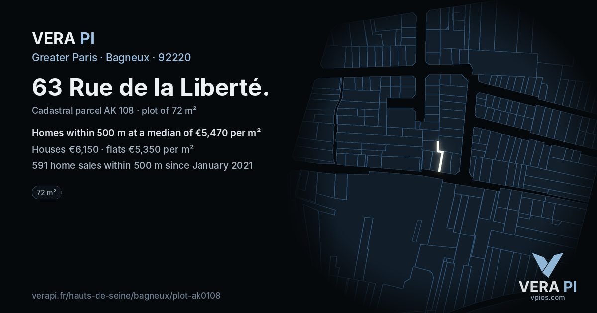 63 Rue de la Liberté, Bagneux at night – the plot lit, the parcels around coloured by the prices near them