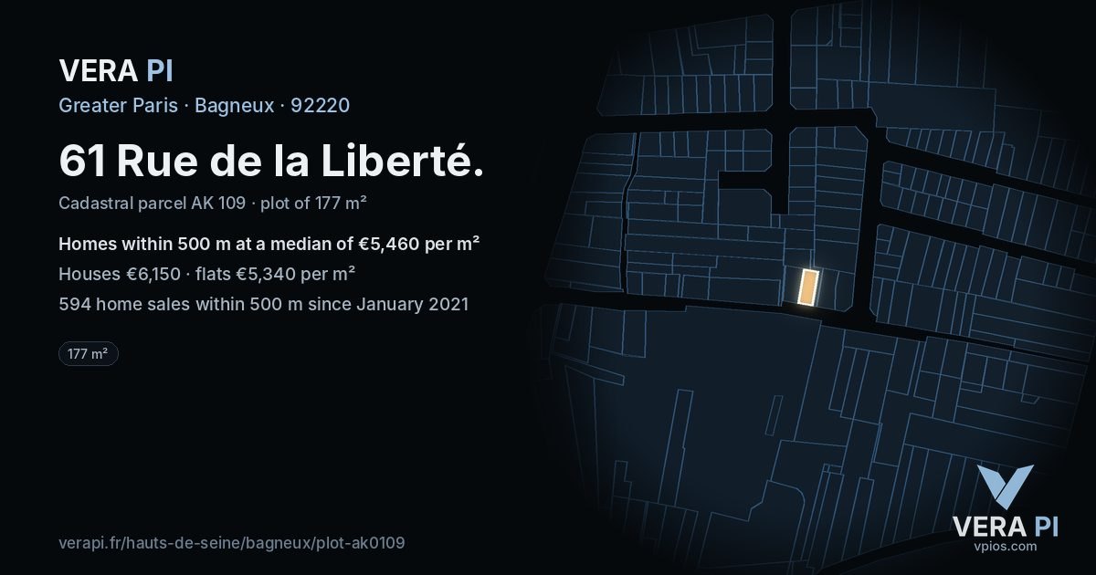 61 Rue de la Liberté, Bagneux at night – the plot lit, the parcels around coloured by the prices near them