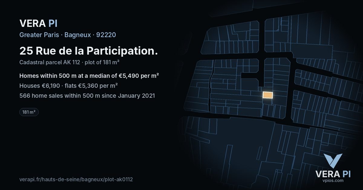 25 Rue de la Participation, Bagneux at night – the plot lit, the parcels around coloured by the prices near them