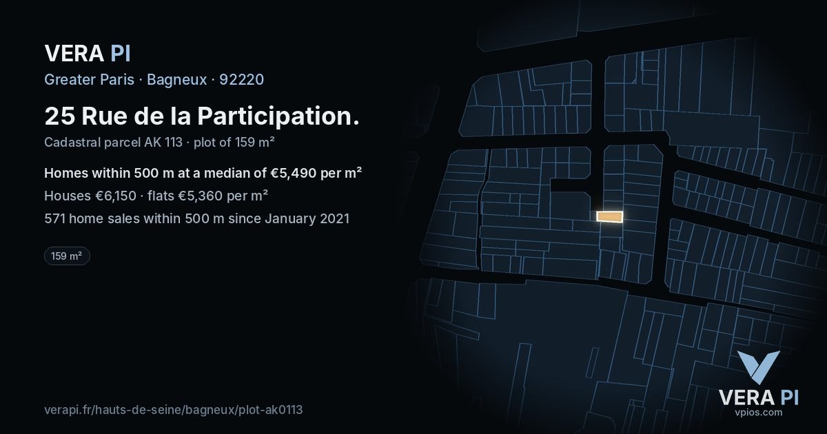 25 Rue de la Participation, Bagneux at night – the plot lit, the parcels around coloured by the prices near them