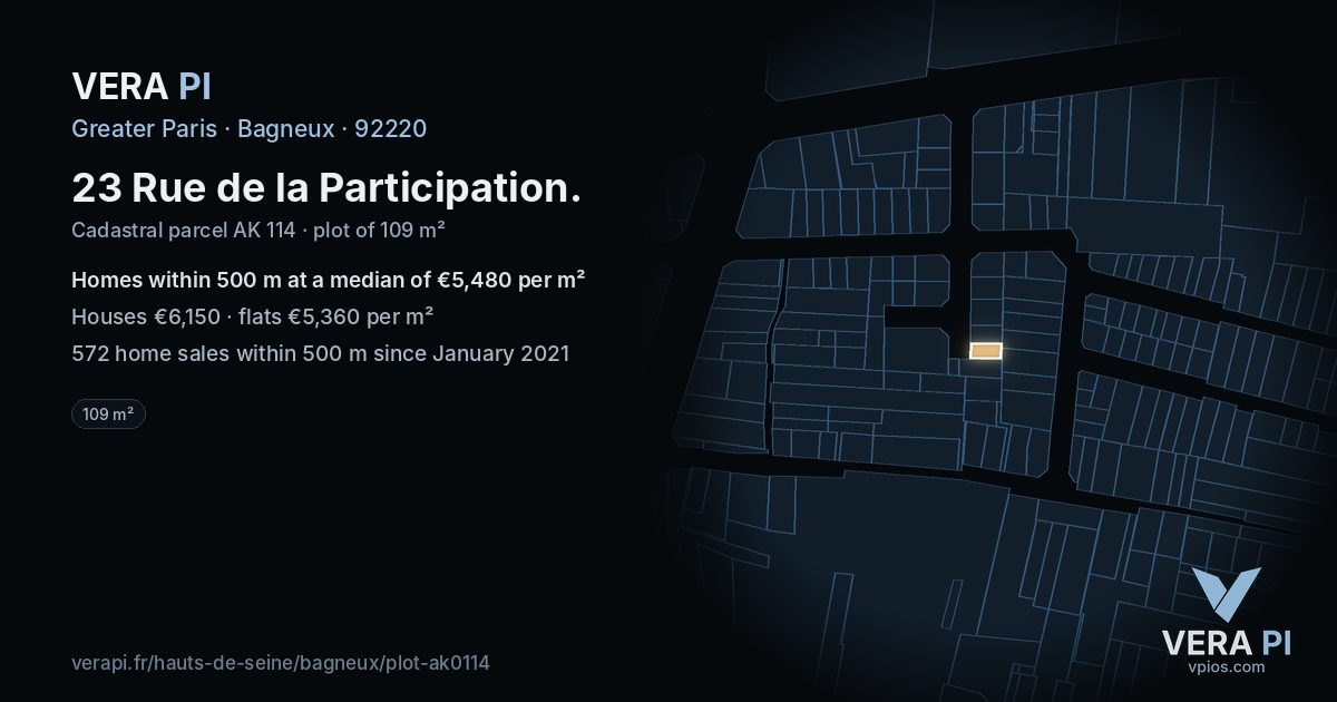 23 Rue de la Participation, Bagneux at night – the plot lit, the parcels around coloured by the prices near them