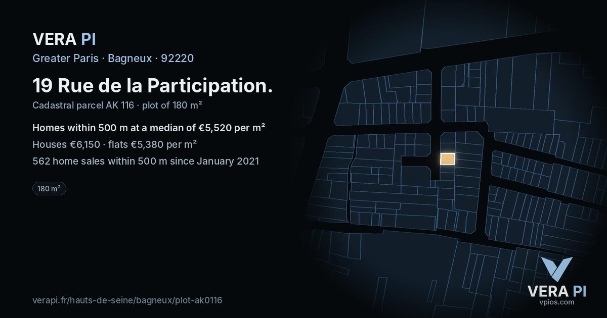 19 Rue de la Participation, Bagneux at night – the plot lit, the parcels around coloured by the prices near them