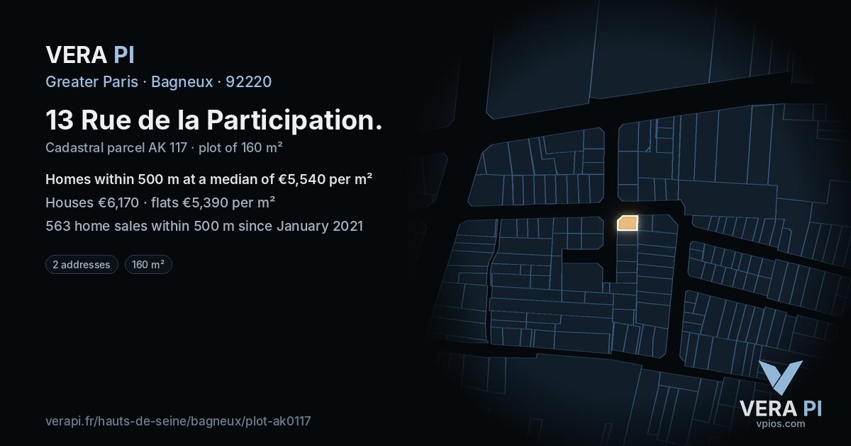13 Rue de la Participation, Bagneux at night – the plot lit, the parcels around coloured by the prices near them