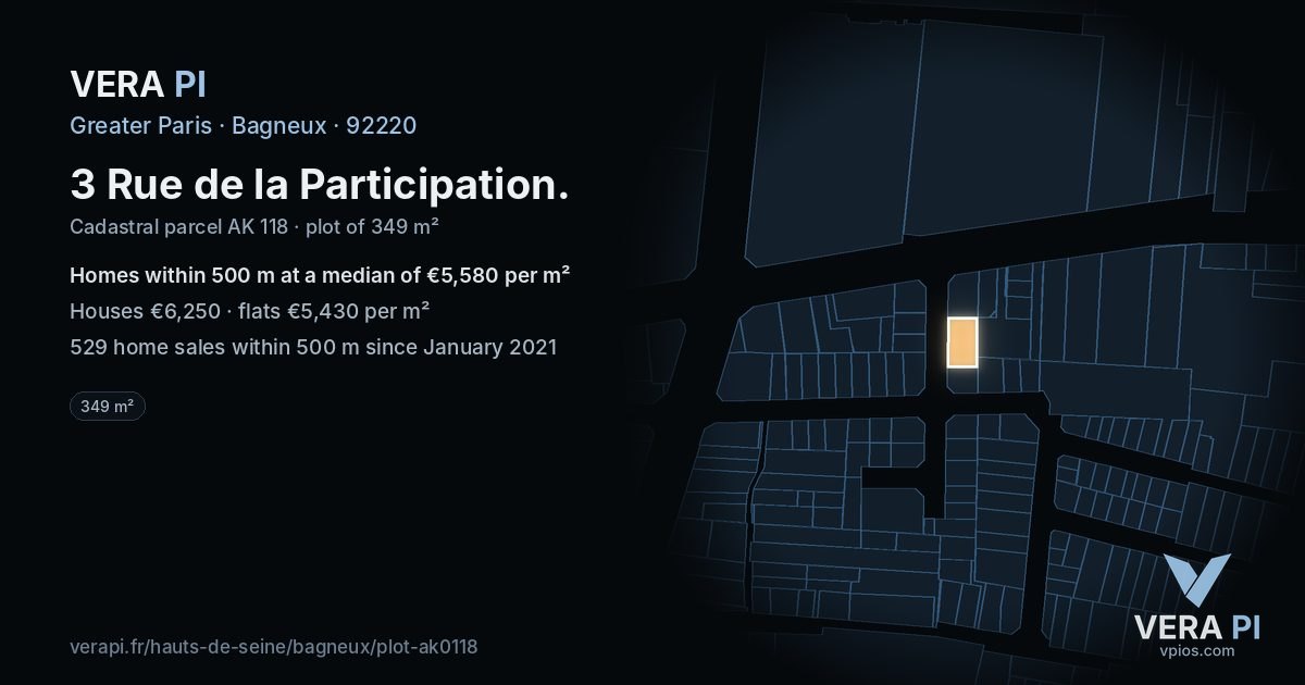 3 Rue de la Participation, Bagneux at night – the plot lit, the parcels around coloured by the prices near them