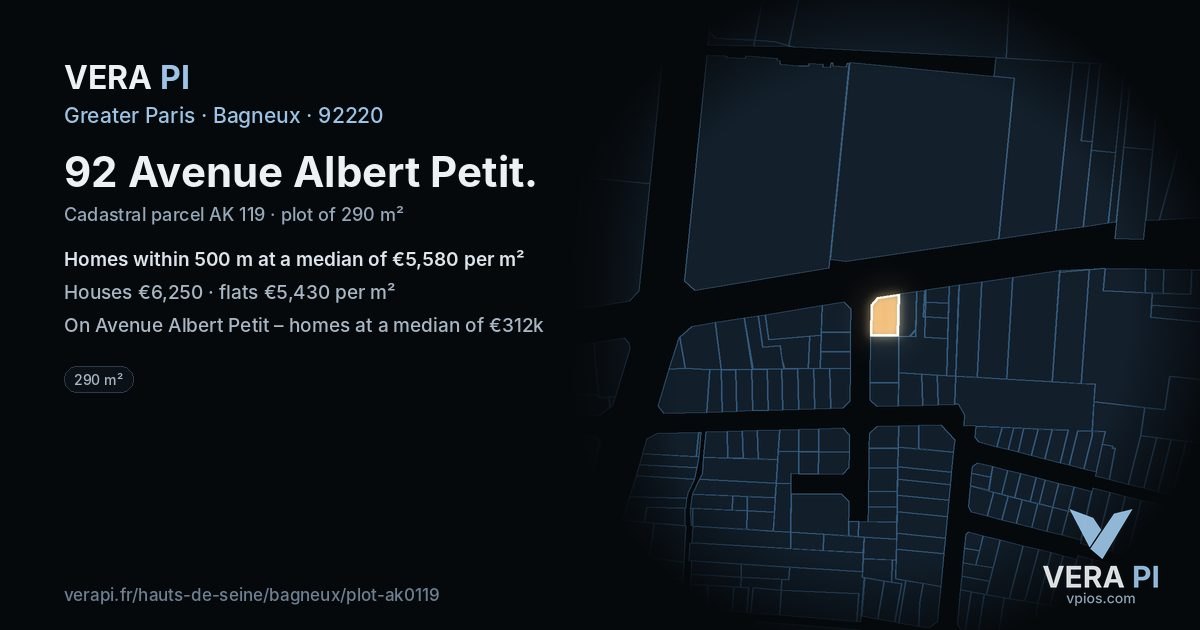92 Avenue Albert Petit, Bagneux at night – the plot lit, the parcels around coloured by the prices near them