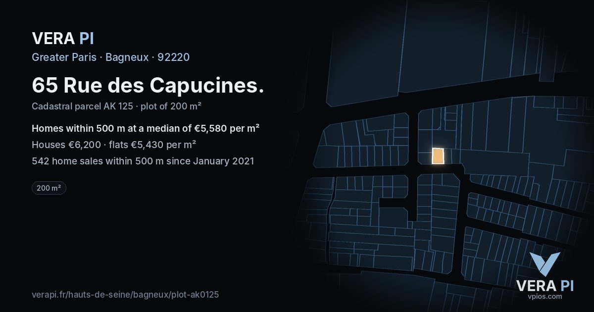 65 Rue des Capucines, Bagneux at night – the plot lit, the parcels around coloured by the prices near them