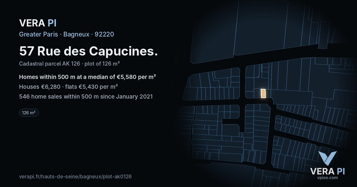 57 Rue des Capucines, Bagneux at night – the plot lit, the parcels around coloured by the prices near them