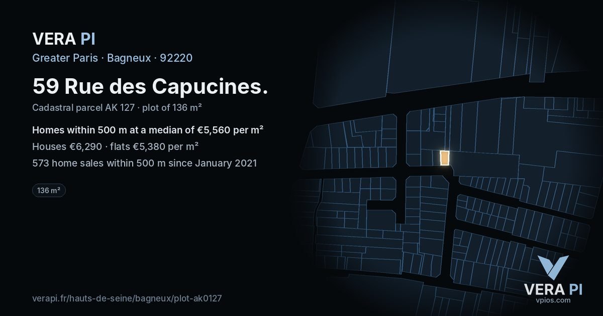 59 Rue des Capucines, Bagneux at night – the plot lit, the parcels around coloured by the prices near them