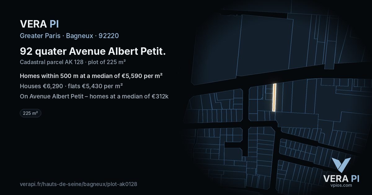 92 quater Avenue Albert Petit, Bagneux at night – the plot lit, the parcels around coloured by the prices near them