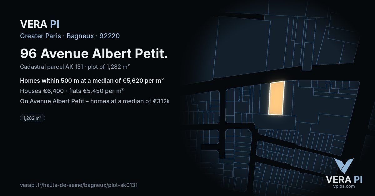 96 Avenue Albert Petit, Bagneux at night – the plot lit, the parcels around coloured by the prices near them