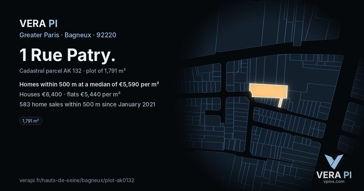 1 Rue Patry, Bagneux at night – the plot lit, the parcels around coloured by the prices near them