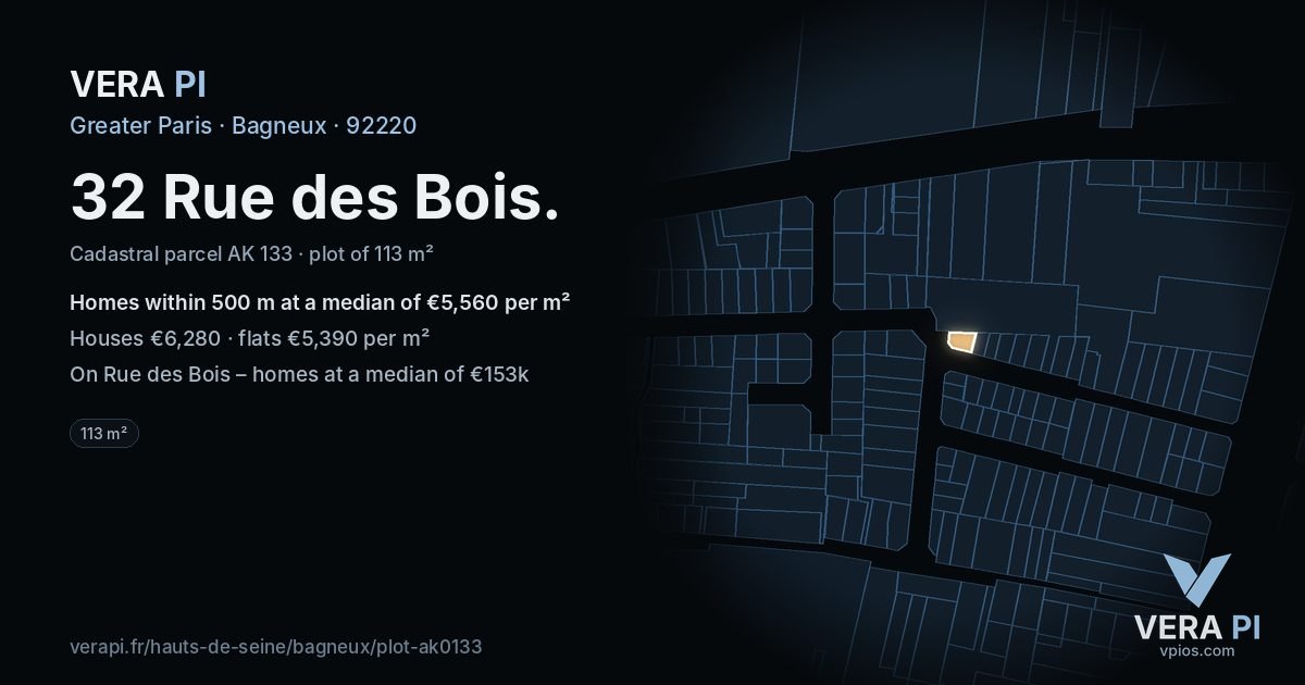 32 Rue des Bois, Bagneux at night – the plot lit, the parcels around coloured by the prices near them