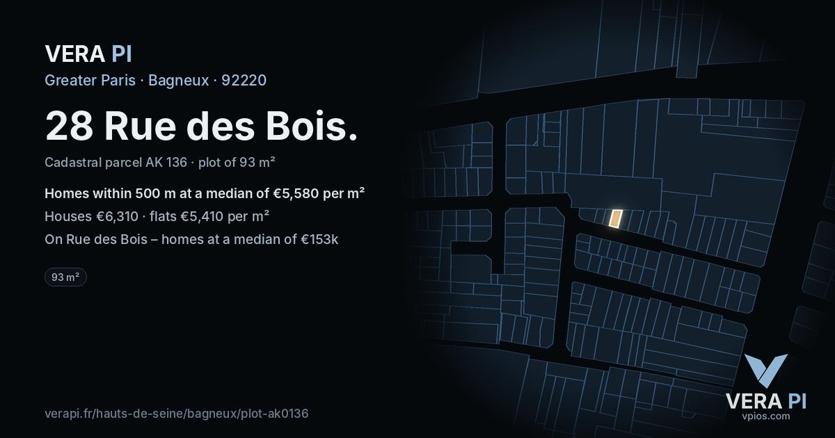 28 Rue des Bois, Bagneux at night – the plot lit, the parcels around coloured by the prices near them
