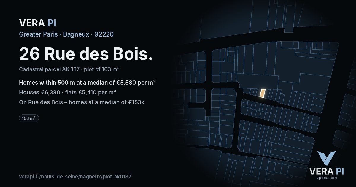 26 Rue des Bois, Bagneux at night – the plot lit, the parcels around coloured by the prices near them
