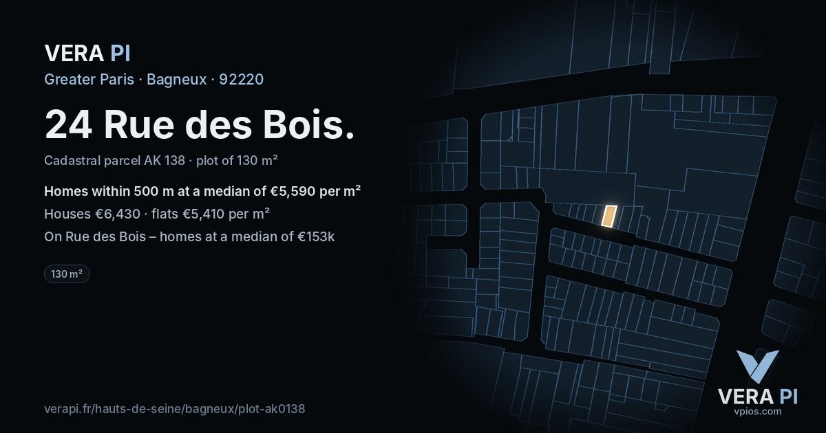 24 Rue des Bois, Bagneux at night – the plot lit, the parcels around coloured by the prices near them