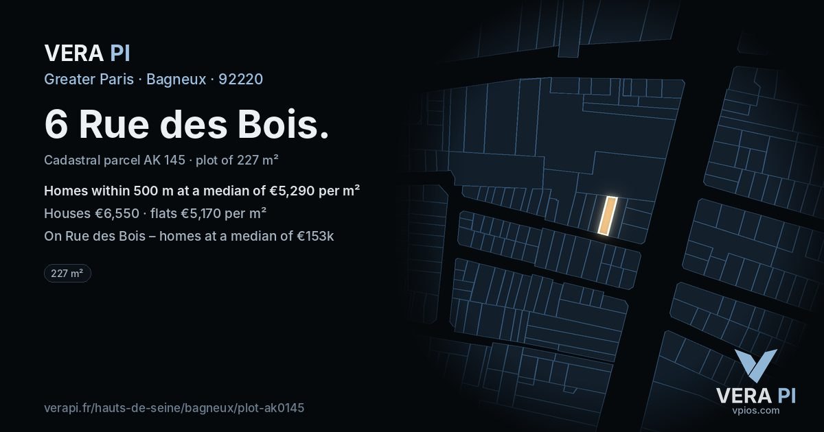6 Rue des Bois, Bagneux at night – the plot lit, the parcels around coloured by the prices near them