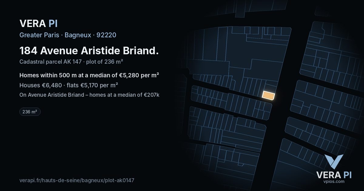 184 Avenue Aristide Briand, Bagneux at night – the plot lit, the parcels around coloured by the prices near them