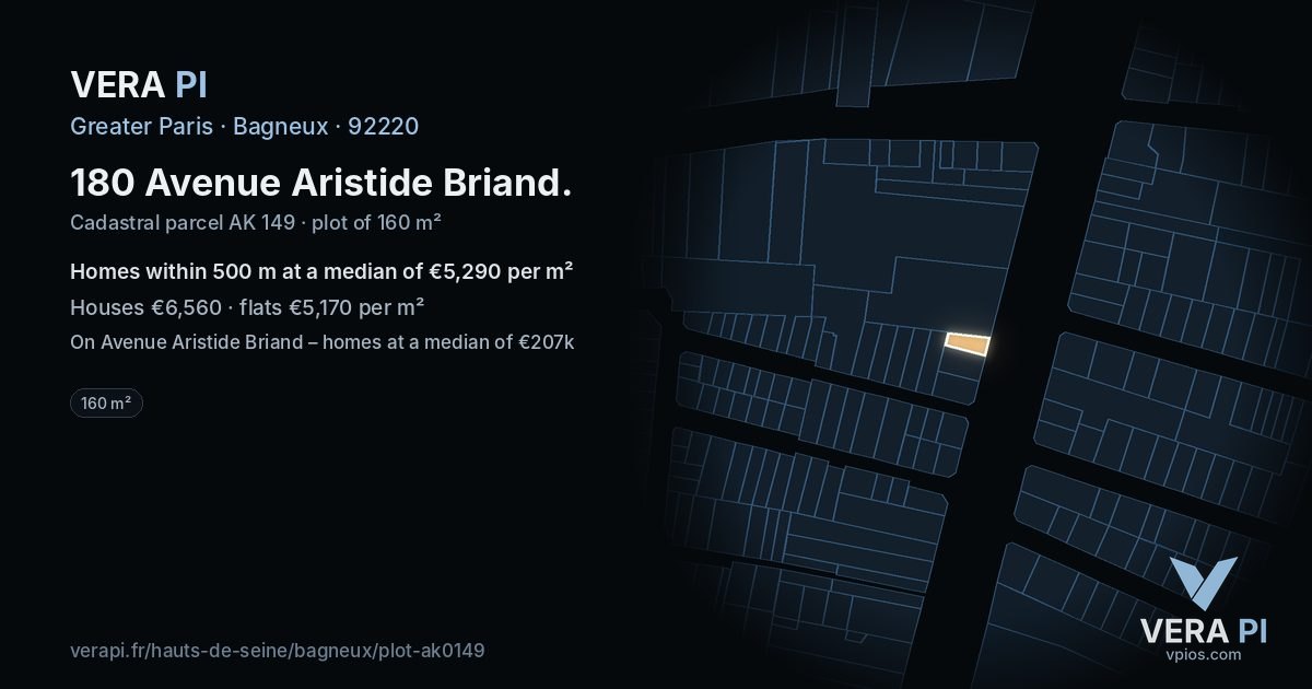 180 Avenue Aristide Briand, Bagneux at night – the plot lit, the parcels around coloured by the prices near them
