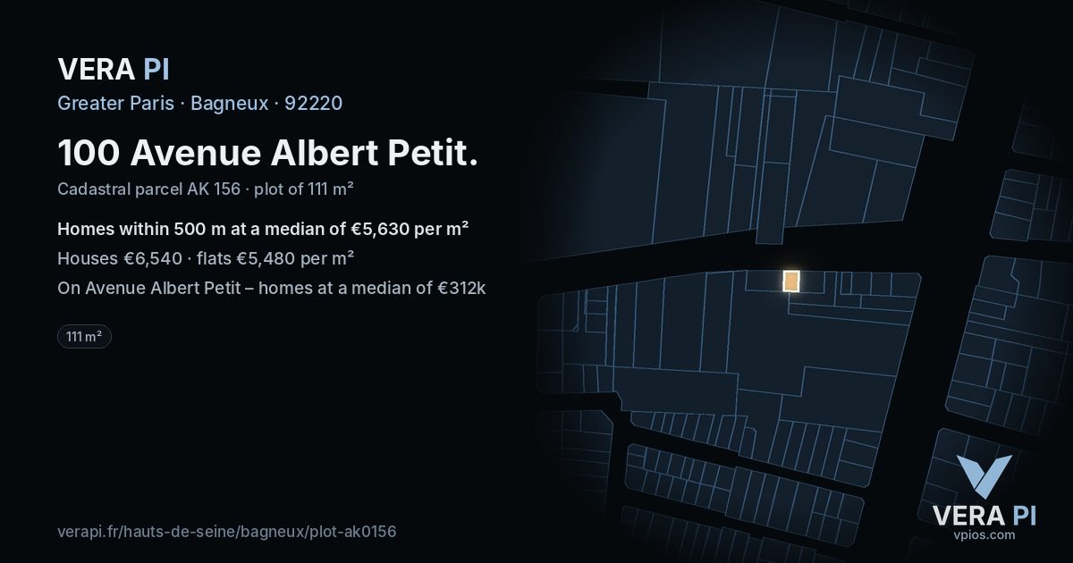 100 Avenue Albert Petit, Bagneux at night – the plot lit, the parcels around coloured by the prices near them