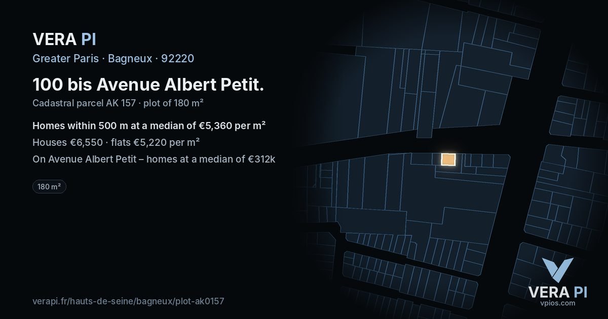 100 bis Avenue Albert Petit, Bagneux at night – the plot lit, the parcels around coloured by the prices near them