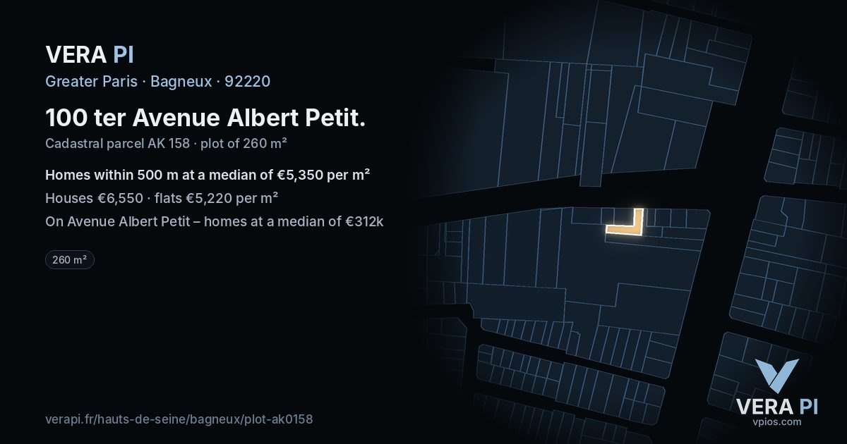 100 ter Avenue Albert Petit, Bagneux at night – the plot lit, the parcels around coloured by the prices near them