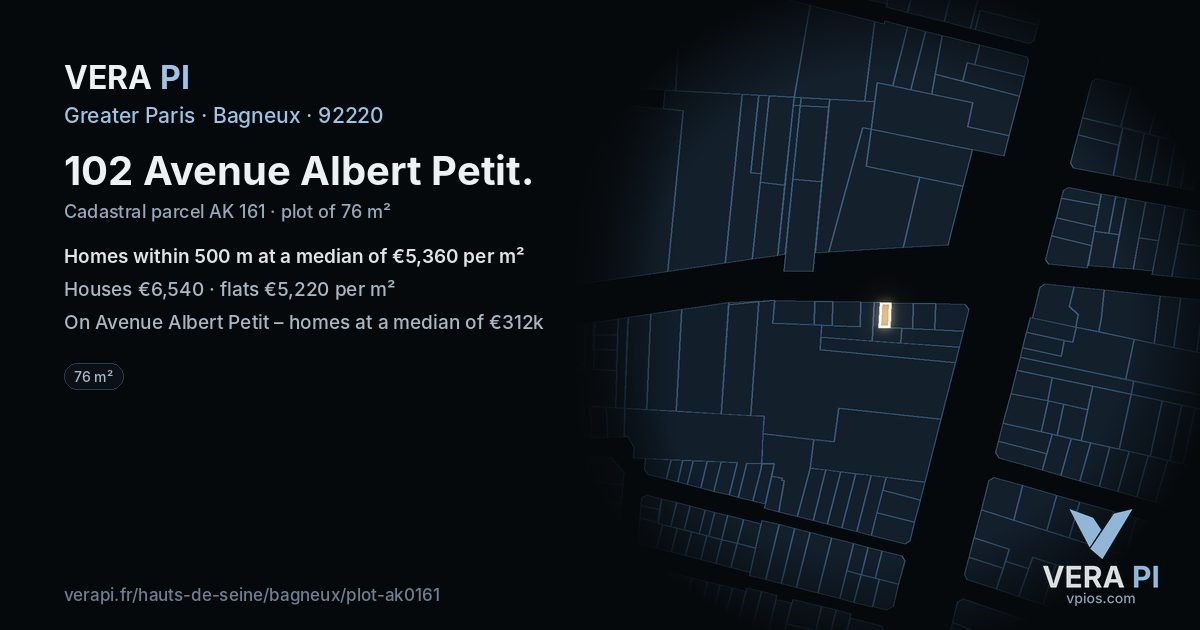 102 Avenue Albert Petit, Bagneux at night – the plot lit, the parcels around coloured by the prices near them