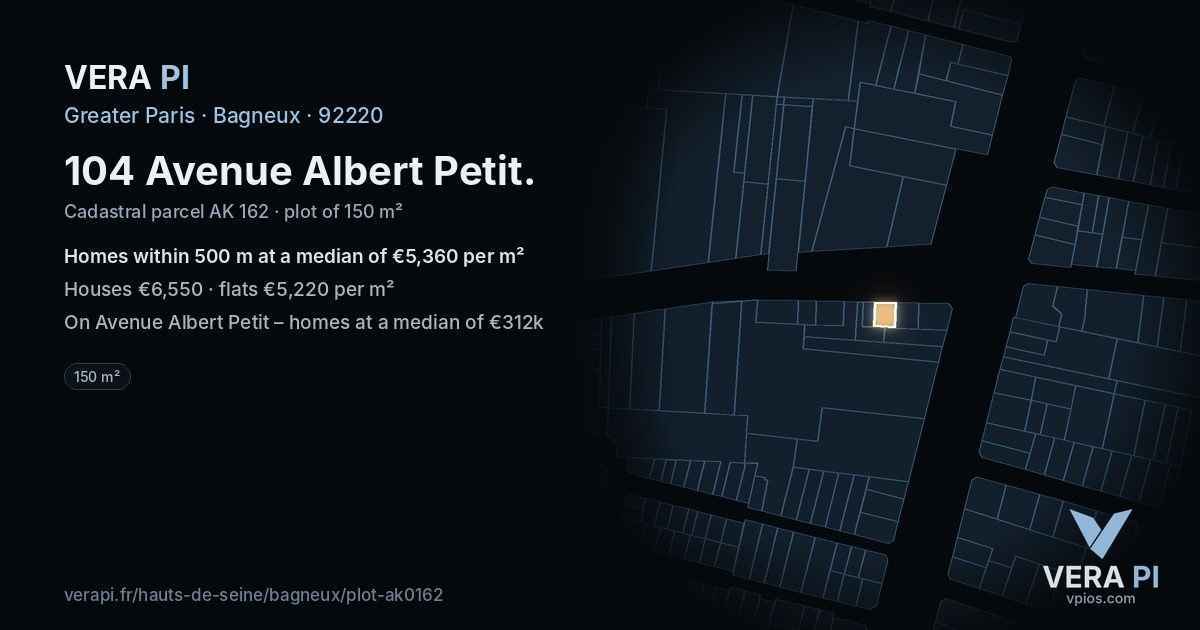 104 Avenue Albert Petit, Bagneux at night – the plot lit, the parcels around coloured by the prices near them