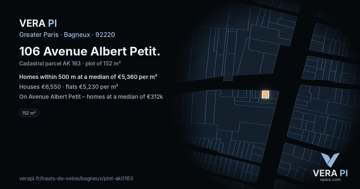 106 Avenue Albert Petit, Bagneux at night – the plot lit, the parcels around coloured by the prices near them