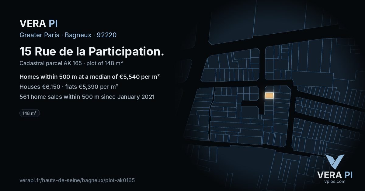 15 Rue de la Participation, Bagneux at night – the plot lit, the parcels around coloured by the prices near them