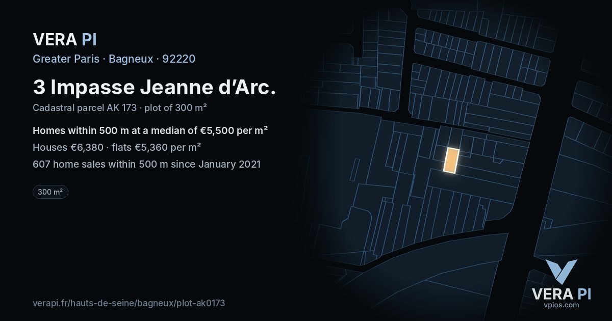 3 Impasse Jeanne d’Arc, Bagneux at night – the plot lit, the parcels around coloured by the prices near them