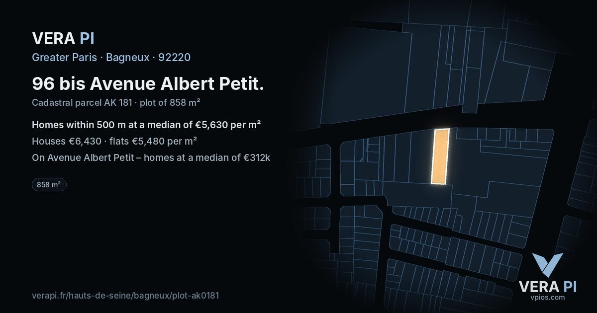 96 bis Avenue Albert Petit, Bagneux at night – the plot lit, the parcels around coloured by the prices near them